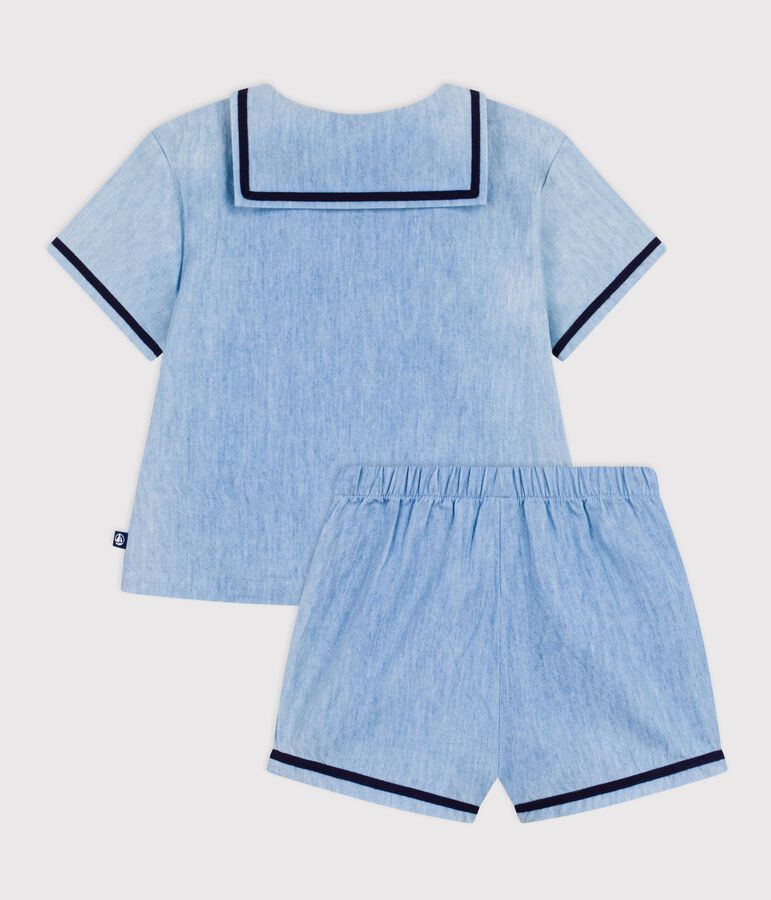 Completo neonato 2 pezzi in chambray con T-shirt con colletto alla marinara blu