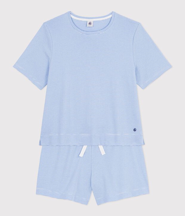 Pigiama corto donna in cotone a righe blu/bianco