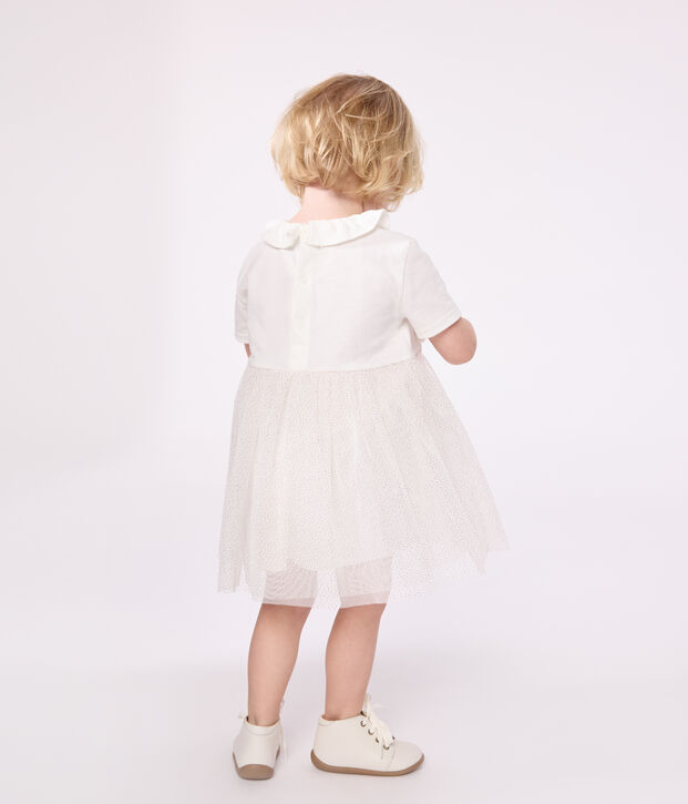 Abito a maniche corte con colletto in cotone e tulle neonato bianco/rosa