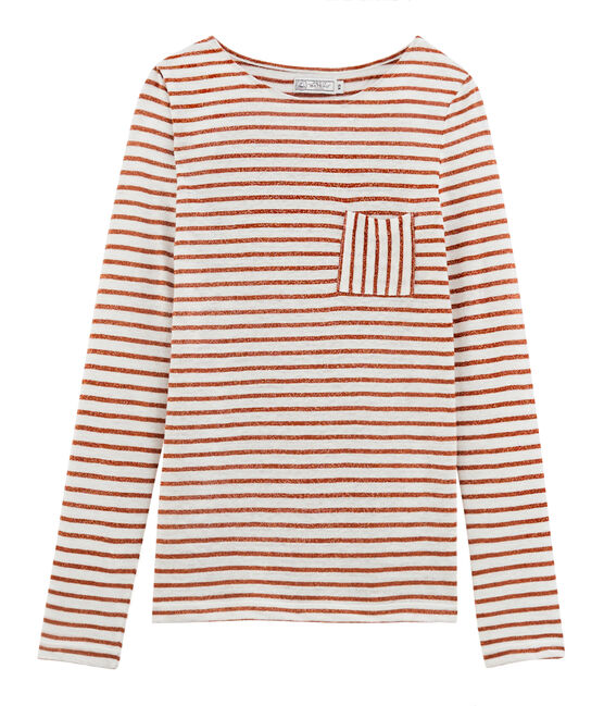 T-shirt maniche lunghe donna in lino bianco MARSHMALLOW/rosa COPPER CN