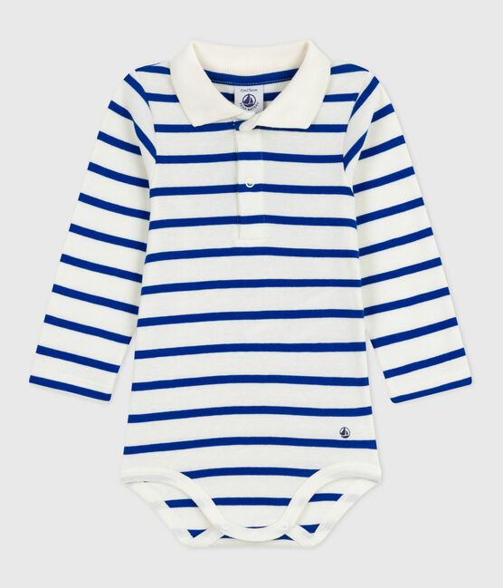 Body in cotone a righe con colletto a polo neonato blu MILK/ OLYMPIC