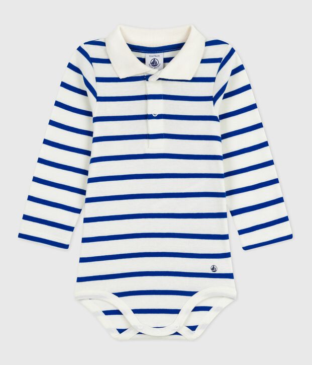 Body in cotone a righe con colletto a polo neonato blu/blu