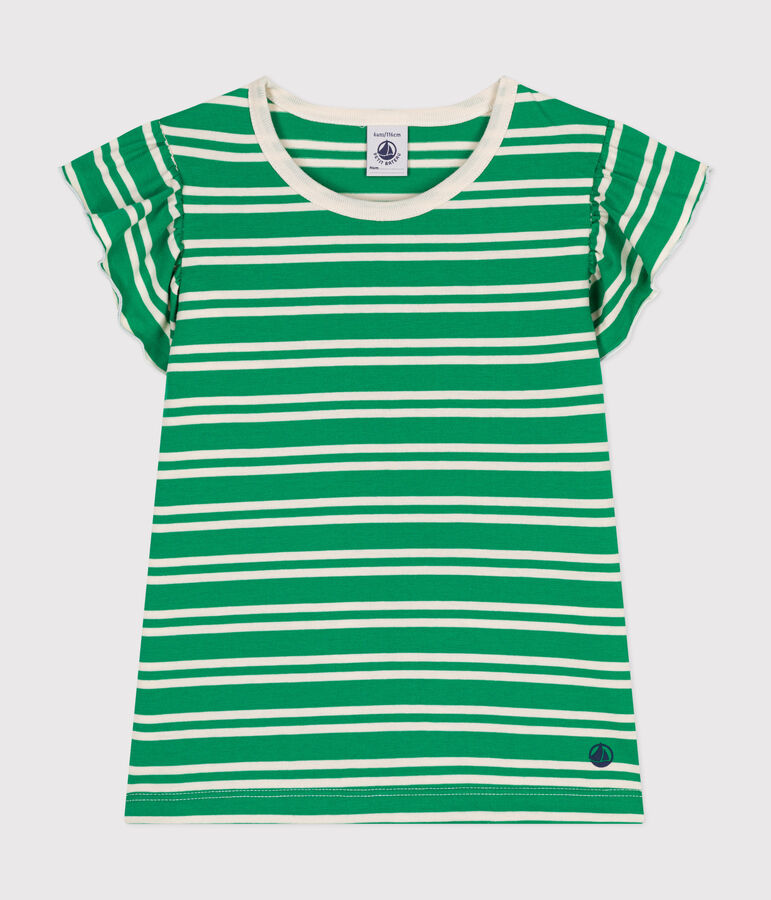 T-shirt bambina in jersey leggero a righe verde/ecru