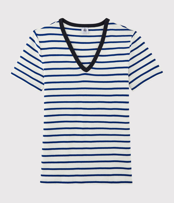 T-shirt scollo a V iconica Donna bianco MARSHMALLOW/blu SURF