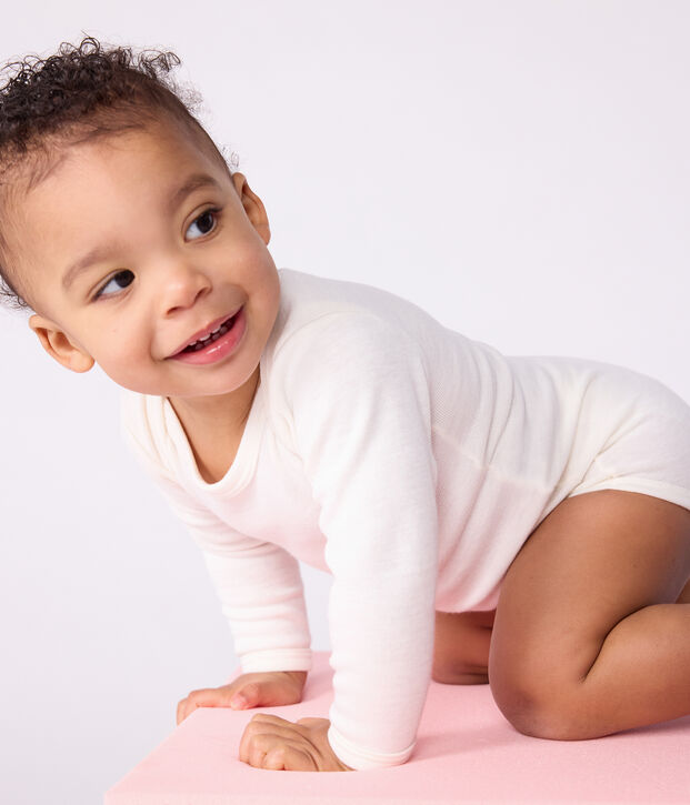 Body a maniche lunghe in lana e cotone neonato beige
