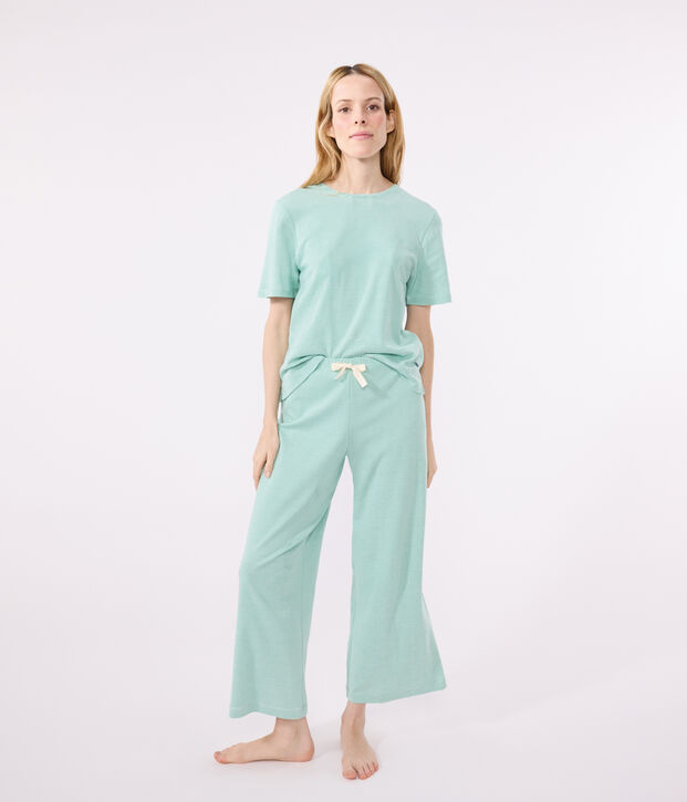 Pigiama in cotone a righe con gamba ampia donna verde/bianco