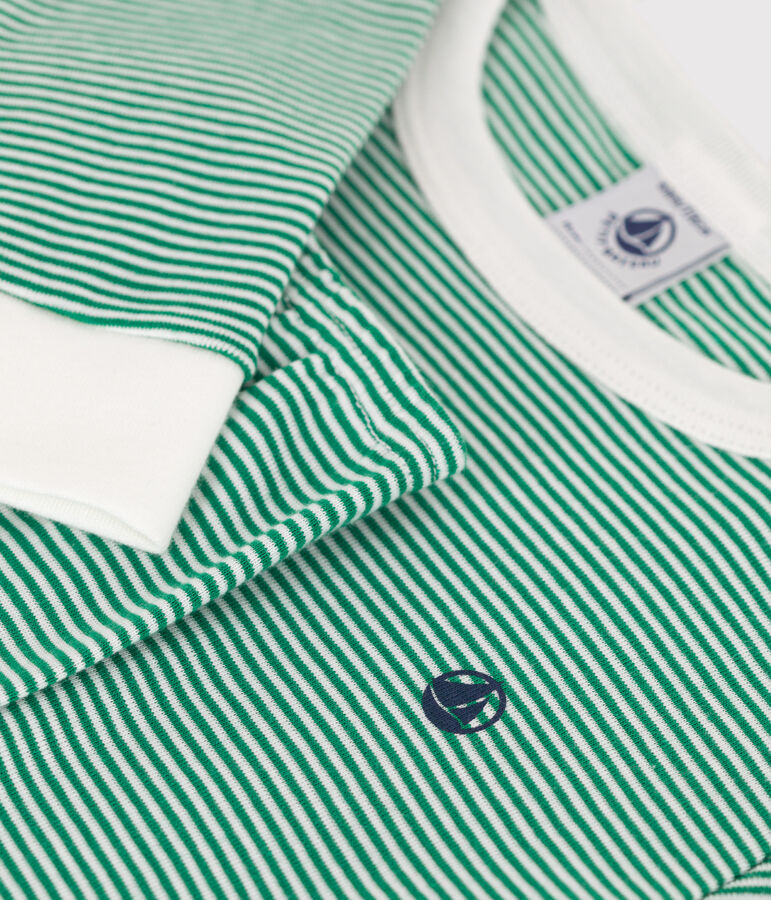 Pigiama molto aderente bambino in cotone a righe verde JARDIN/ MARSHMALLOW