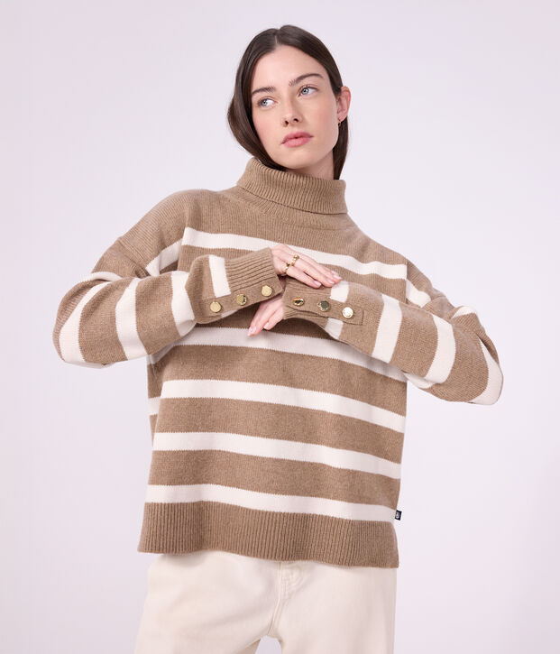 Pullover dolcevita in misto lana e cotone a righe donna beige/ecru