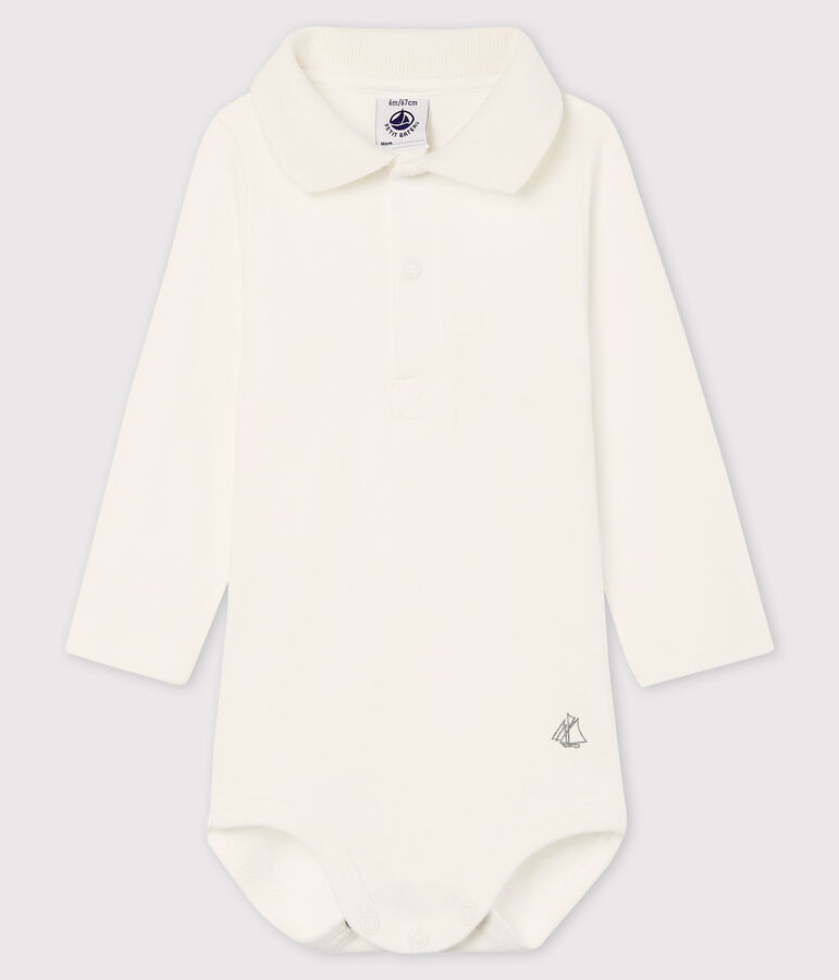 Body  in cotone a manica lunga con  colletto a polo bianco MARSHMALLOW