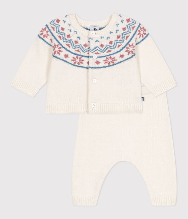 Completo 2 pezzi con cardigan in maglia jacquard neonato bianco/rosa
