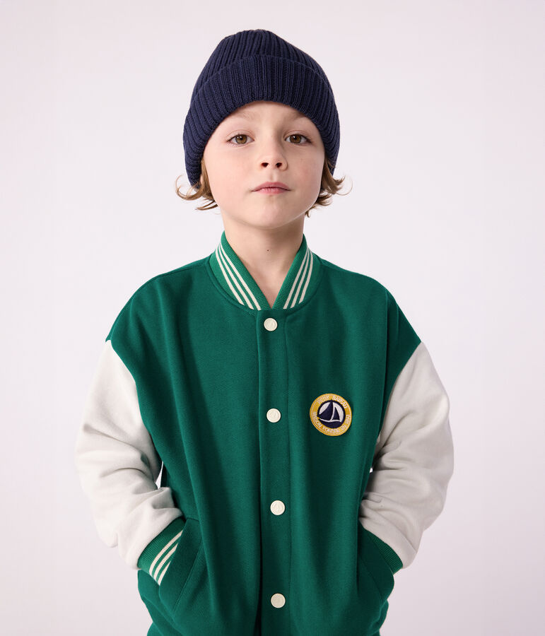 Giacca stile teddy bambino in cotone tinta unita verde/ecru