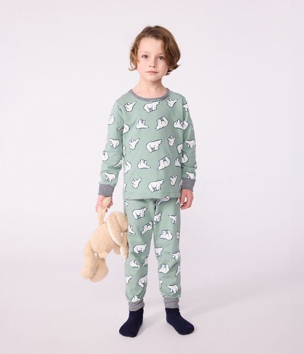 Pigiama bambino in tessuto felpato con orso stampato verde/multicolore