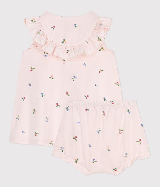 Abito neonato a maniche corte in cotone e bloomer con stampa di frutti rosa FLEUR/bianco MULTICO