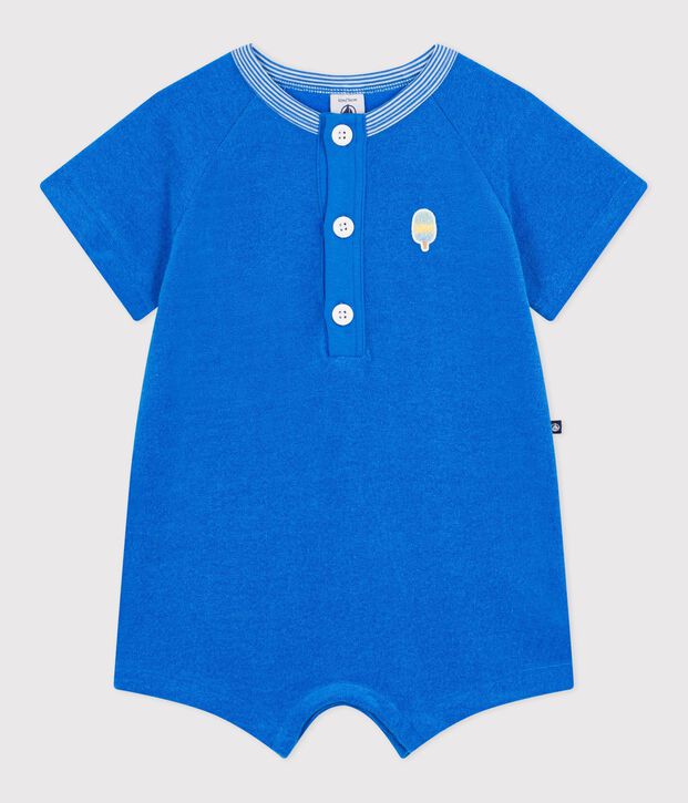 Tutina corta in cotone tinta unita neonato blu