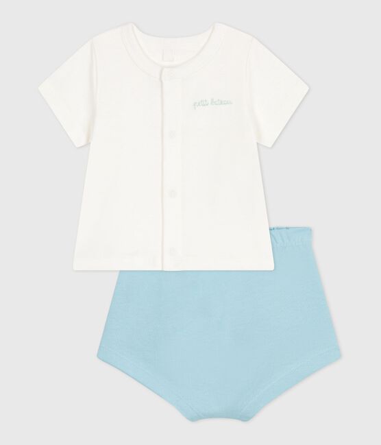 Completo nascita due pezzi in cotone con parte inferiore tinta unita blu MARSHMALLOW/ AQUATIC