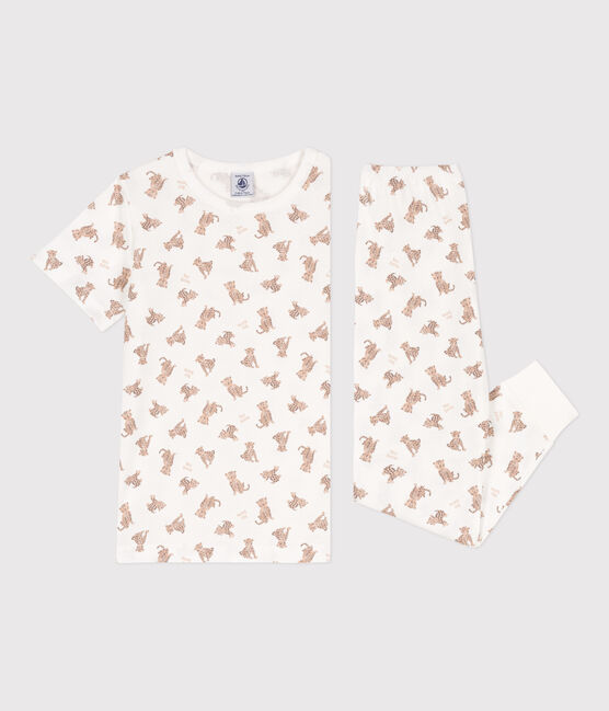 Pigiama in cotone a maniche corte con leopardi per bimbi, unisex bianco MARSHMALLOW/bianco MULTICO