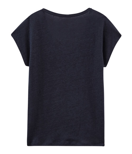 T-shirt maniche corte donna in lino cangiante blu SMOKING/rosa COPPER