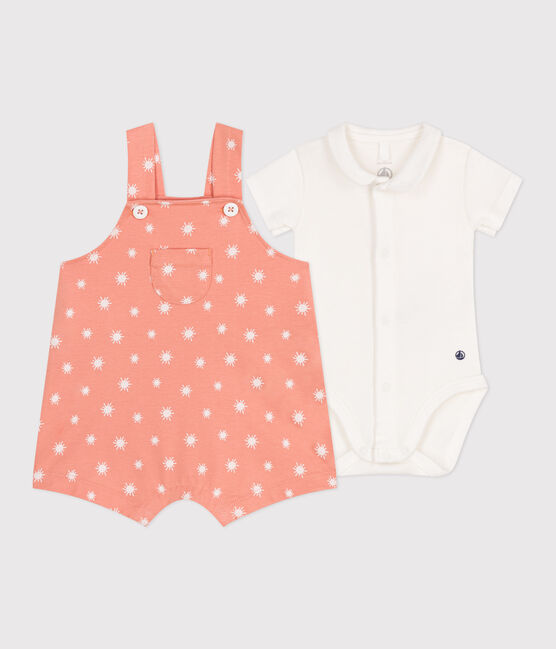 Completo nascita composto da salopette in cotone con soli stampati e body arancione ABRICOT/ MARSHMALLOW