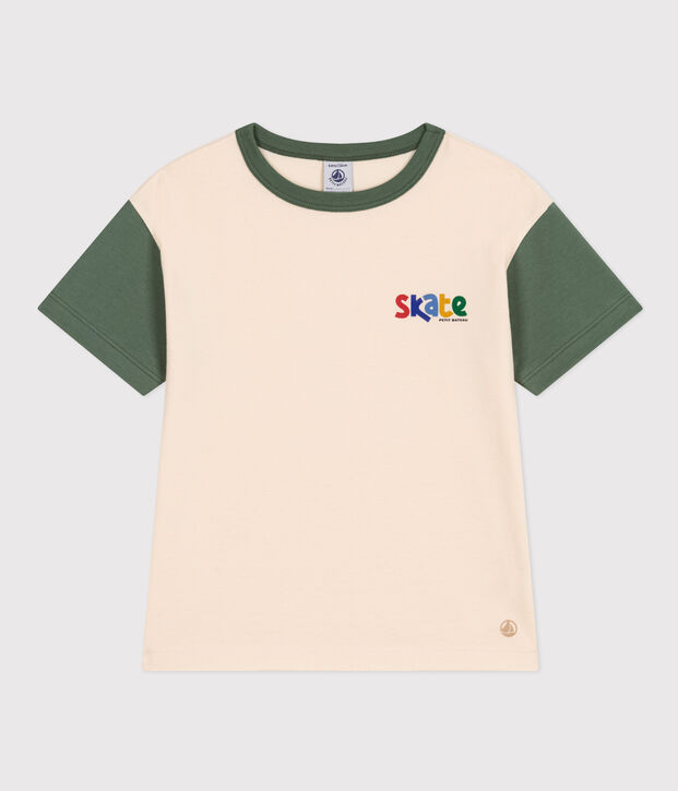 T-shirt stampata in jersey bambino ecru/verde