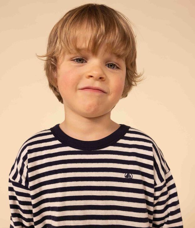 T-shirt maniche lunghe in tubique bambino blu/ecru