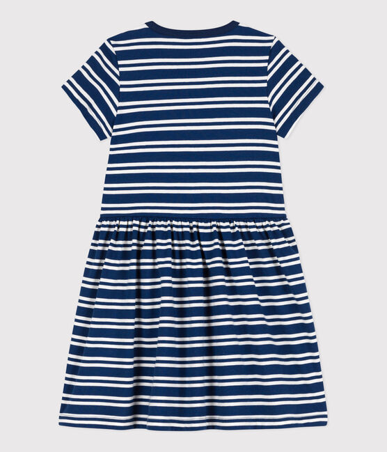 Abito a maniche corte in cotone a righe bambina blu MEDIEVAL/bianco MARSHMALLOW