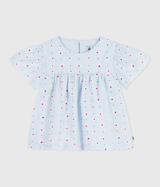Blusa a maniche corte in popeline di cotone con stampa bambina blu FRAICHEUR/bianco MULTICO
