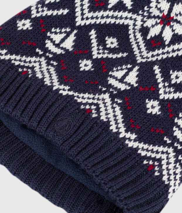 Cuffietta in misto lana e cotone jacquard con fodera in pile bambino blu/ecru/rosso