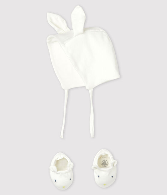 Confezione cappellino nascita e babbucce con coniglio neonato in tubique di cotone biologico variante 1