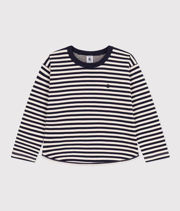 T-shirt maniche lunghe in tubique bambino blu/ecru