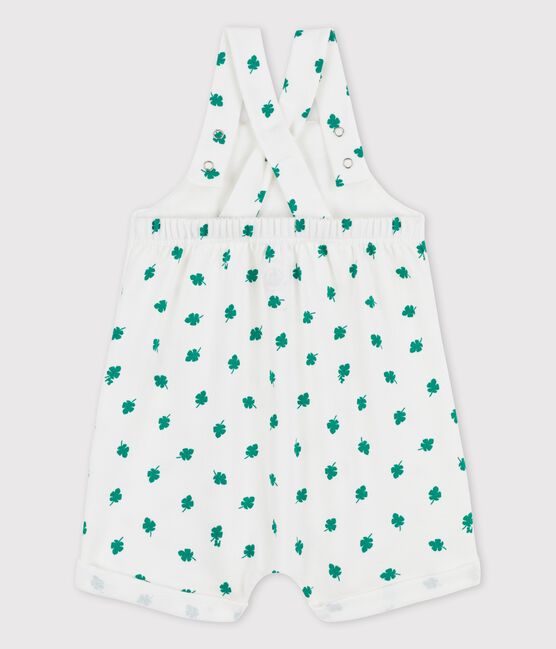 Salopette corta bebè in tessuto felpato biologico con fantasia vegetale. bianco MARSHMALLOW/verde GAZON