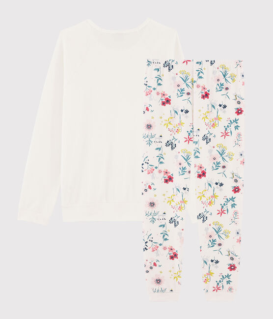 Pigiama ragazza a fiori bimateriale bianco MARSHMALLOW/bianco MULTICO