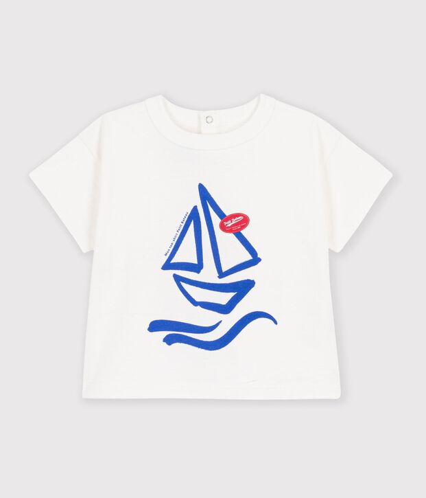 T-shirt a maniche corte in cotone tinta unita con motivo neonato bianco
