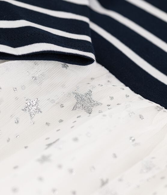 Abito bambina a maniche lunghe in cotone e tulle blu SMOKING/bianco MARSHMALLOW