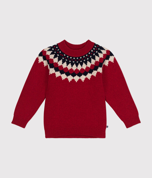 Maglione jacquard in lana e cotone bambino rosso/multicolore
