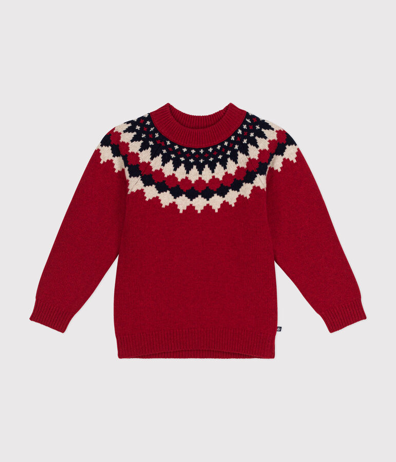 Maglione jacquard in lana e cotone bambino rosso/multicolore