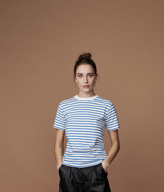 T-shirt marinière in cotone Donna bianco MARSHMALLOW/ RUISSEAU
