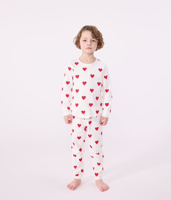 Pigiama bambino fantasia cuori a costine bianco MARSHMALLOW/rosso TERKUIT