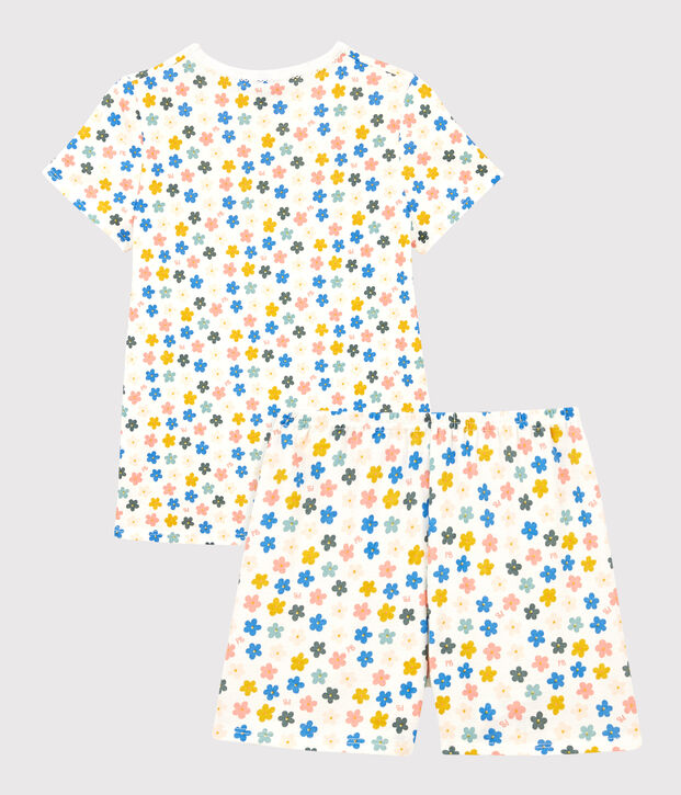 Pigiama corto a fiori fosforescenti bambina in cotone bianco/multicolore