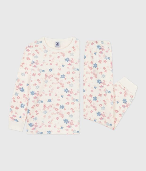 Pigiama bambino in tessuto felpato con stampa a fiori ecru/multicolore
