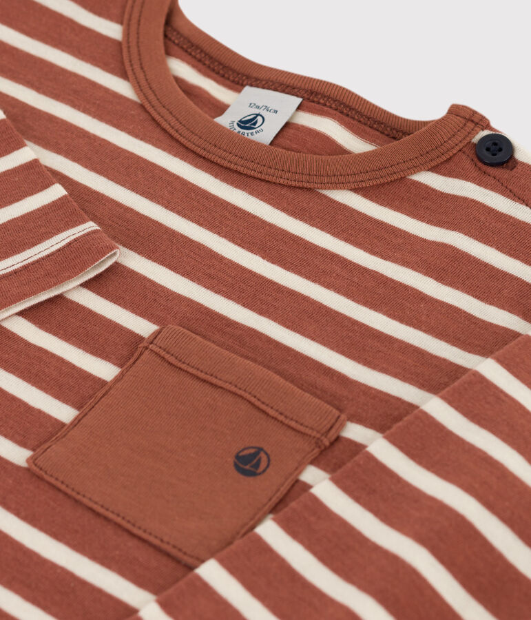 T-shirt maniche lunghe beb&egrave; in cotone marrone/ecru