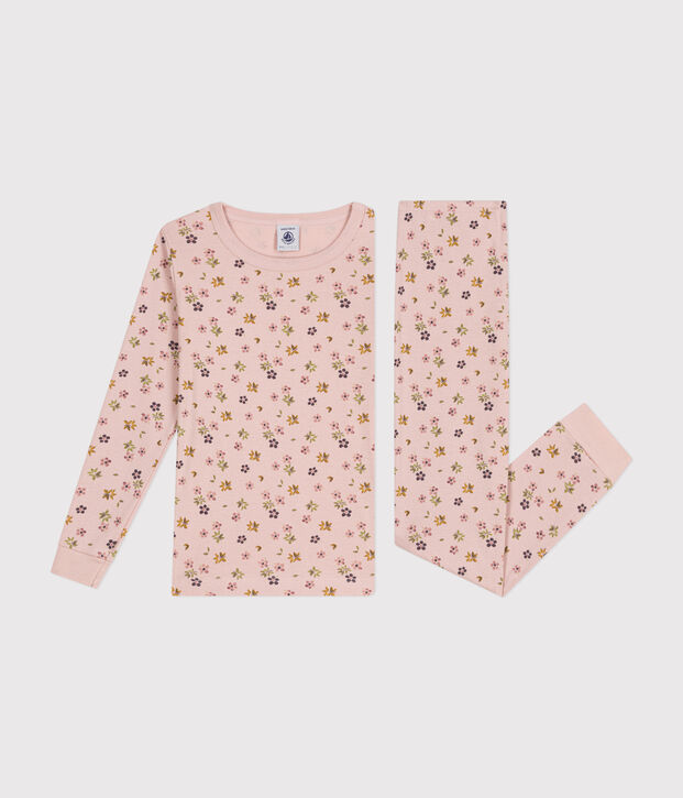 Pigiama aderente in cotone con stampa a fiori bambino rosa/bianco