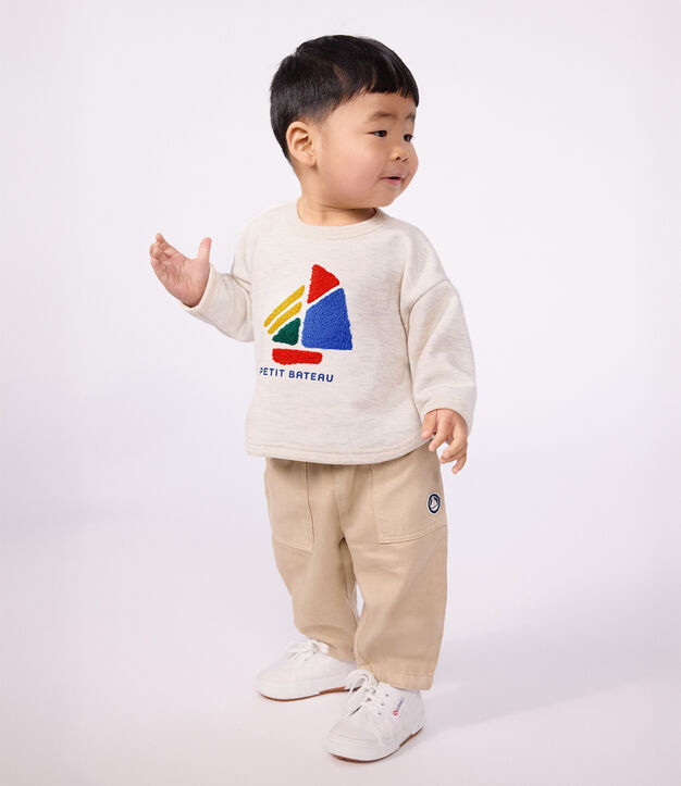 Pantaloni stile cargo in cotone tinta unita con stemma neonato beige