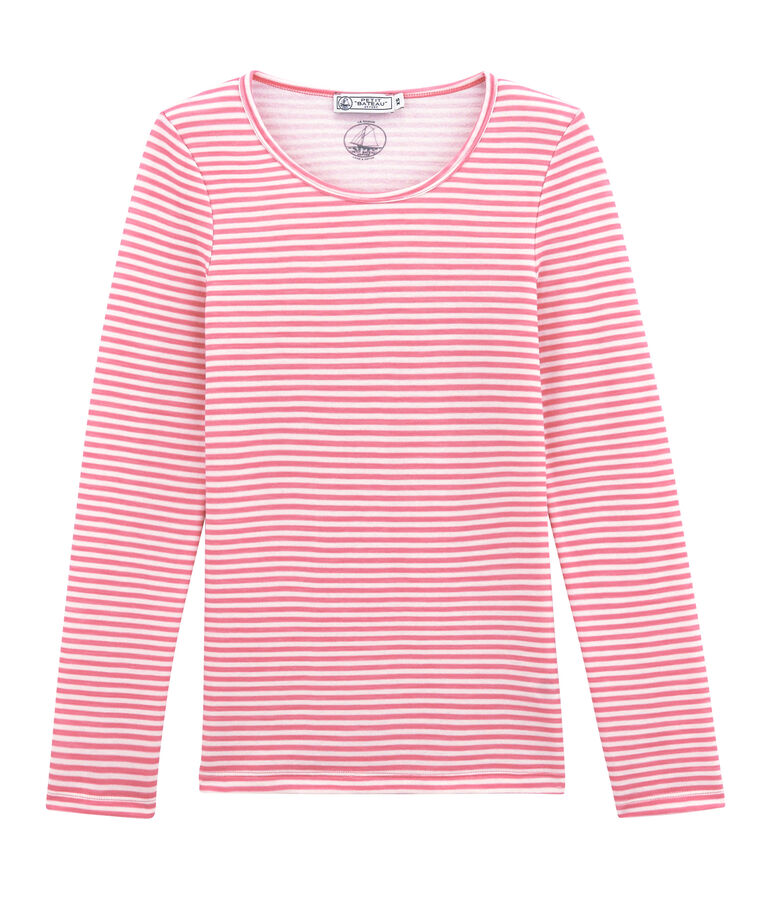 tee-shirt donna maniche lunghe in lana e cotone rosa/bianco