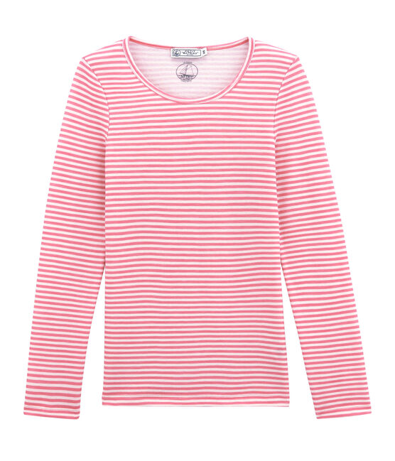 tee-shirt donna maniche lunghe in lana e cotone rosa CHEEK/bianco MARSHMALLOW