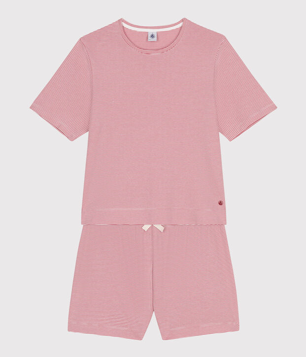 Pigiama short donna in cotone rigato rosa/bianco