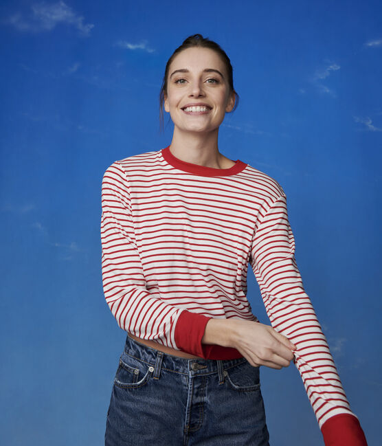 T-shirt marinière in cotone Donna bianco MARSHMALLOW/rosso TERKUIT