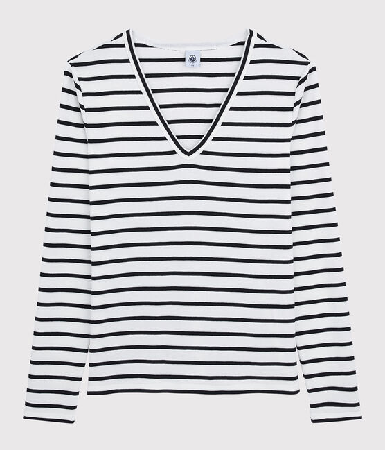 T-shirt scollo a V iconica in cotone a righe Donna bianco MARSHMALLOW/blu SMOKING