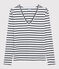 T-shirt scollo a V iconica in cotone a righe Donna bianco MARSHMALLOW/blu SMOKING