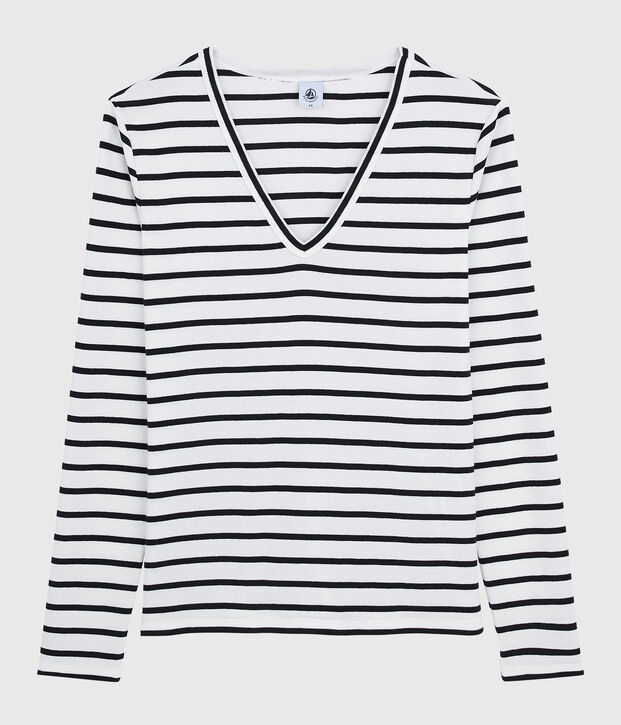 T-shirt scollo a V iconica in cotone a righe Donna bianco/blu
