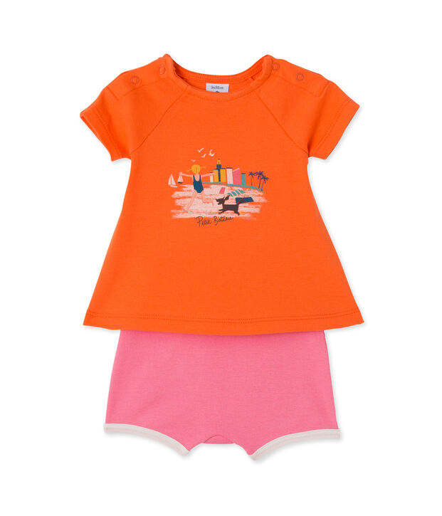 Coordinato per beb&egrave; femmina shorts e t-shirt arancione/rosa